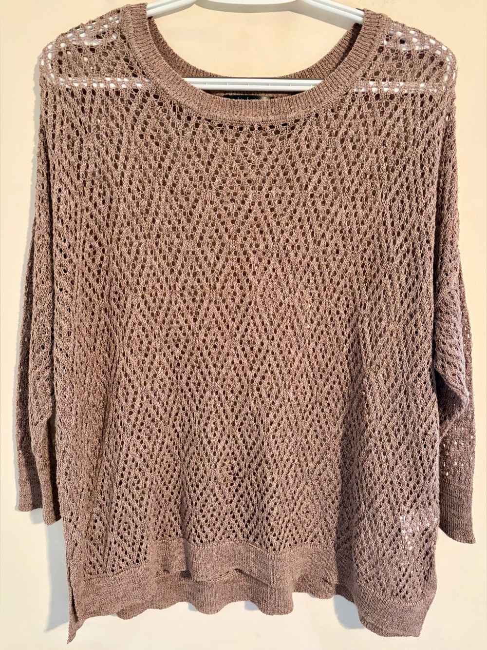 Women’s Daisy Fuentes Taupe Open-Knit Lightweight Sweater with Metallic Sz XL